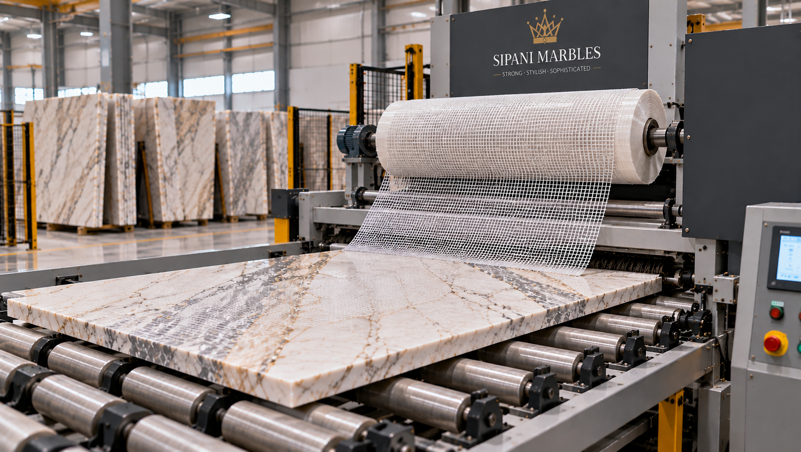 Fibre mesh attachment to marble slab